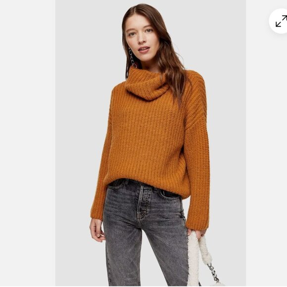 Topshop Chunky Knit‎ Sweater Turtleneck Brown Neutral Acrylic US 0-2 - Picture 1 of 7